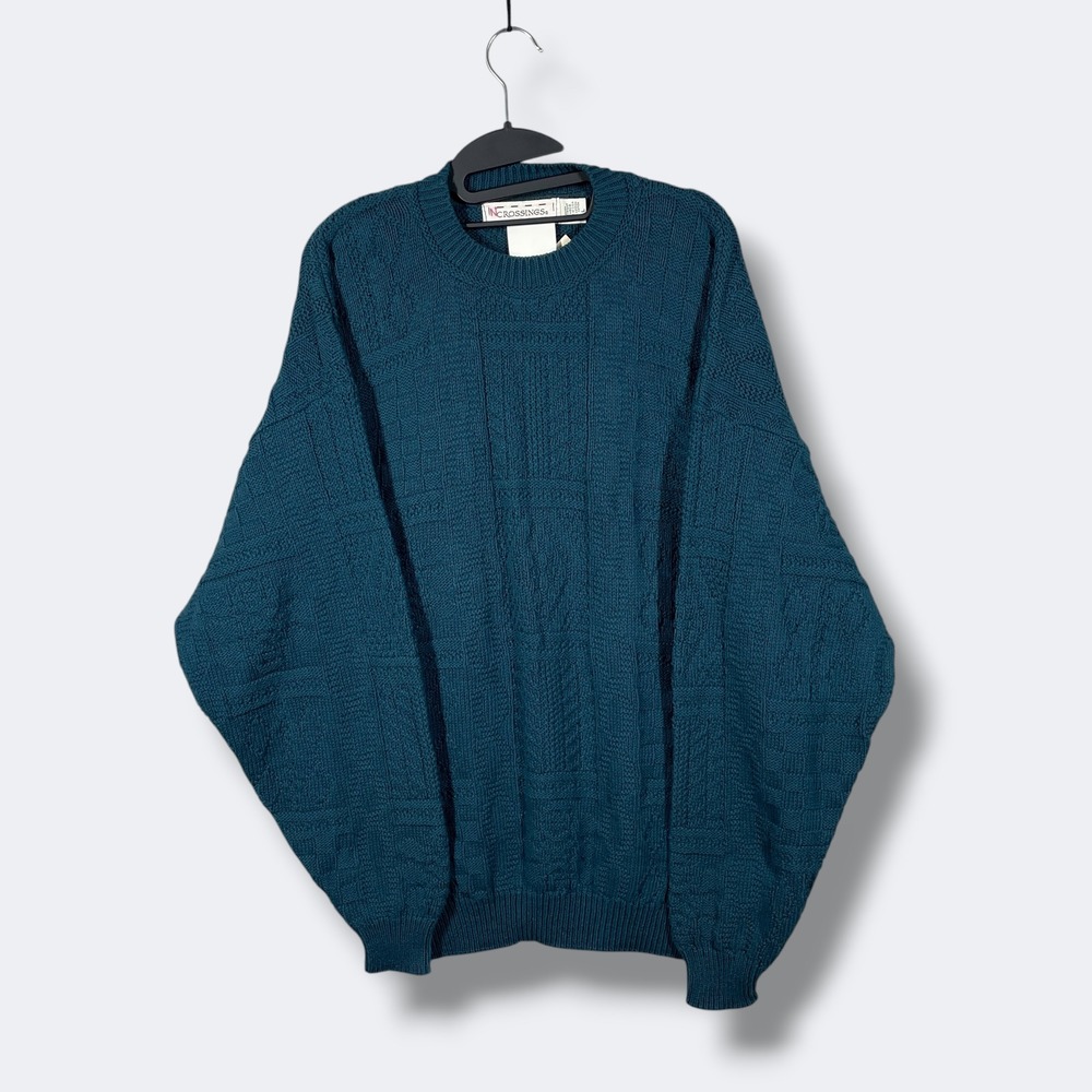 Vintage Crossings Aran Patch Knit Sweater Mens L Teal Blue Retro Grandpacore NWT